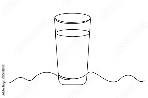 One line drawing of a water glass with liquid inside on white background
