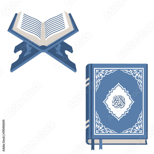 Islamic Quran book illustrations on a stand and closed.