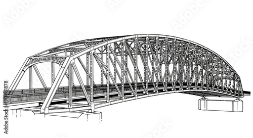 Detailed line drawing of a large steel arch bridge with complex truss structure.