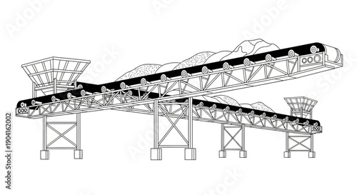 Detailed line drawing of an industrial conveyor belt system for bulk material handling.
