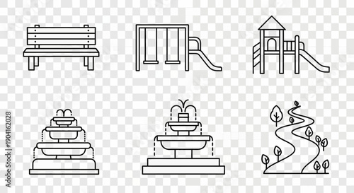 Line art icons of park and playground elements including bench, swings, slides, fountains, and a winding path.