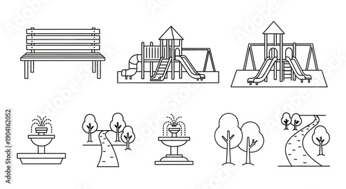 Line art icons of park elements including benches, playgrounds, water fountains, trees, and paths, suitable for outdoor and recreation designs.