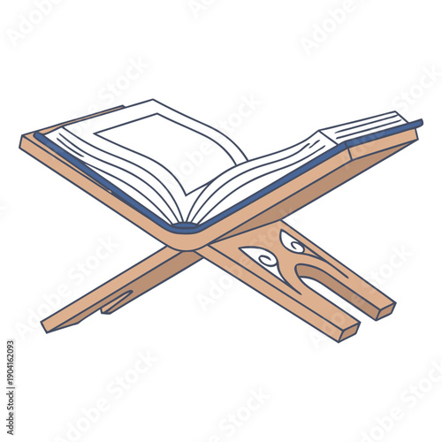 A wooden book stand holding an open book with blank pages.