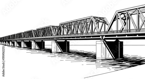 Detailed black and white illustration of a long truss bridge spanning over water.