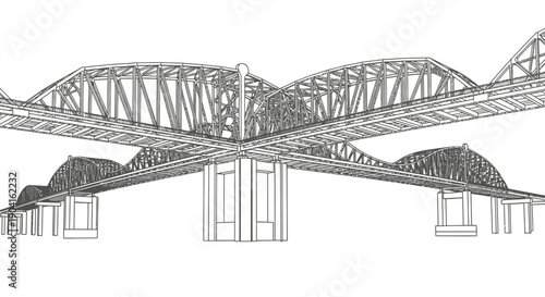 Detailed wireframe drawing of a complex truss bridge structure with multiple intersecting spans.