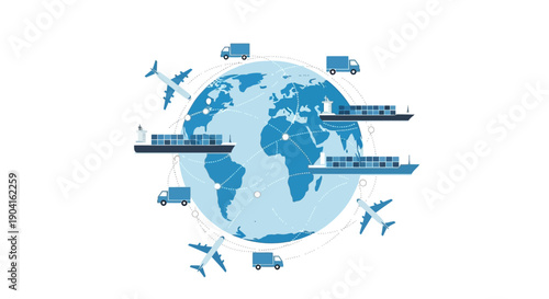 Global logistics and supply chain network with various transport modes around the world.