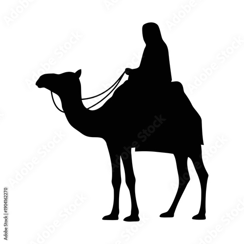 Silhouette of a person riding a camel on a white background.