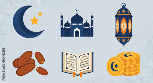 Ramadan Islamic Icons Collection Crescent Moon Mosque Dates Lantern Quran Coins.