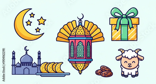 Ramadan Islamic Icons Collection Crescent Moon Lantern Mosque Dates Gift Sheep.