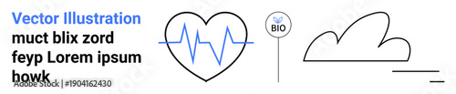 Healthcare, sustainability, environment, wellness, organic products, minimalist design. A heart with a heartbeat line, organic bio label cloud and line. Healthcare and sustainability concept