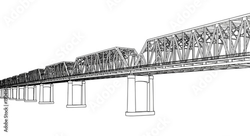 A detailed wireframe drawing of a long railway truss bridge with multiple spans and train cars.