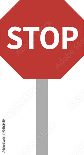 Red octagonal stop sign on a gray pole against a plain background viewed from the front