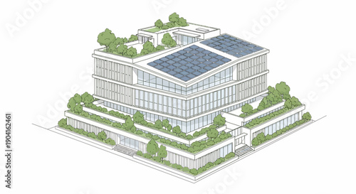 Isometric architectural drawing of a modern building with green roofs, terraced gardens, and solar panels on a white background.