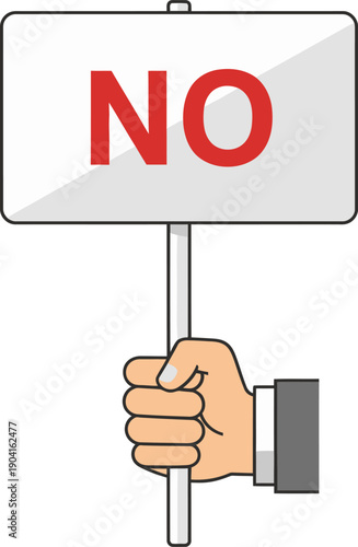 Hand holding a sign with red NO text on white background viewed from front