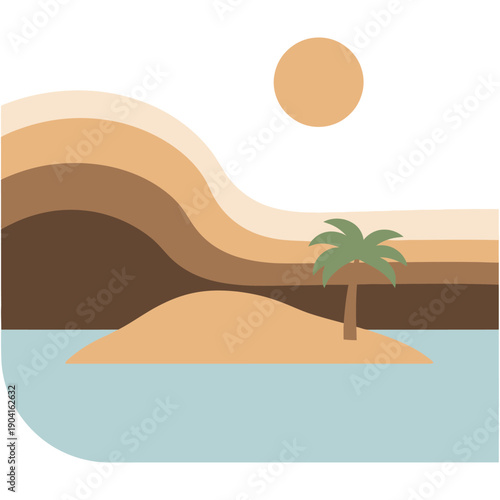 Serene desert island with palm tree and calm waters under the sun.