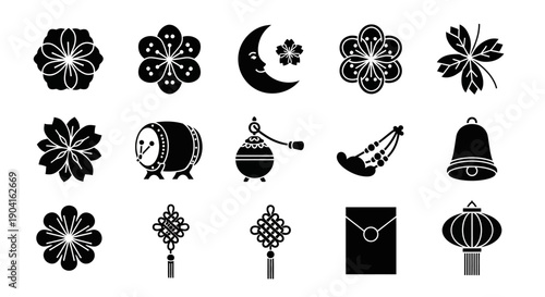 A collection of traditional East Asian cultural icons, including floral motifs, celestial bodies, musical instruments, and decorative ornaments, presented in a black and white graphic style.