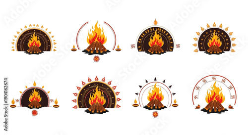 Collection of eight decorative bonfire emblems with flames, wood, and ornamental borders, suitable for festive or cultural designs.