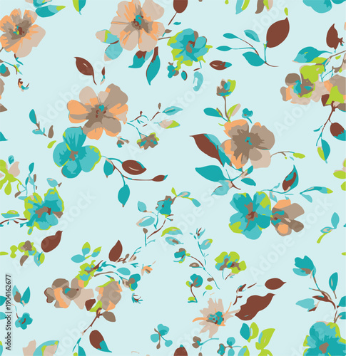 Big flowers pattern, upscale floral pattern. graphical textures floral, trendy colors pattern , flowers background with leaves. vector illustration.