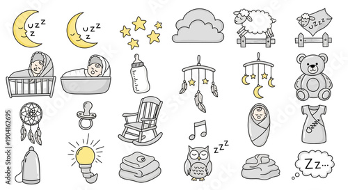 A charming collection of hand-drawn illustrations depicting various elements associated with babies and sleep, including celestial bodies, nursery items, and sleepy animals.
