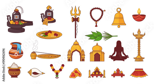 A vibrant collection of Hindu religious symbols and artifacts, including deities, offerings, and architectural elements, presented in a colorful flat design.