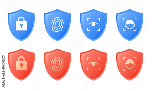 ロイヤルブルーグラデーションの認証成功シールドとスカーレットレッドグラデーションの警告エラーシールド、立体的な盾に南京錠・指紋・虹彩・顔認証をあしらったセキュリティUIアイコンセット