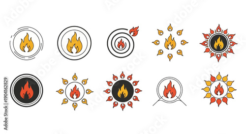 Collection of stylized fire icons, representing flames in various circular and abstract designs, suitable for digital interfaces and branding.