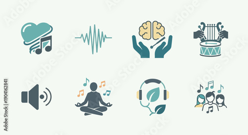 A collection of eight diverse icons representing music, sound, mental well-being, meditation, and audio experiences, featuring instruments, sound waves, and mindful activities.