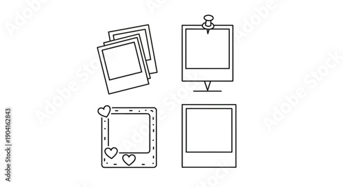 Line art illustrations of various instant photo frames and polaroids.