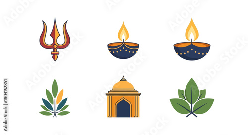 Collection of Hindu religious symbols and cultural icons including Trishul, Diya lamps, and temple.
