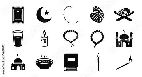 A collection of black and white flat icons representing Islamic culture and Ramadan traditions, including mosques, prayer items, food, and symbols.