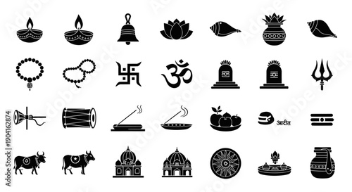 Collection of Hindu religious symbols and icons, including deities, offerings, and sacred objects, presented in a black and white graphic.