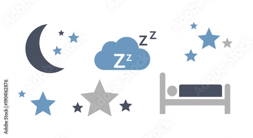 A whimsical illustration depicting the concept of sleep with a crescent moon, stars, a Zzz cloud, and a bed with a sleeping person.