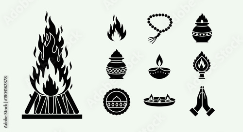 Collection of Black Silhouette Icons Representing Hindu Religious Symbols and Rituals, Including a Bonfire, Kalash, Diya, and Prayer Hands.