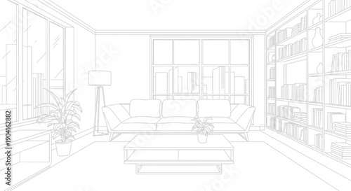 Detailed line art drawing of a modern living room interior with sofa, coffee table, plants, and city view.