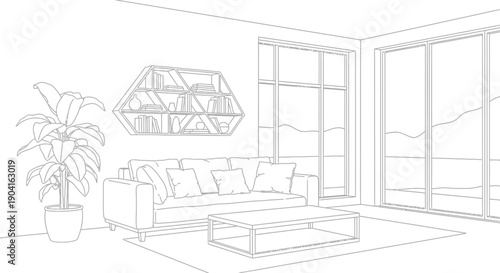 Line art illustration of a modern living room with a sofa, coffee table, plant, and large windows.