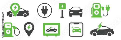 Electric Car Charging Icon Set, modern electric vehicle symbols including EV charging station, power plug, socket connectors, hybrid and green electric car icons on white background stock vector