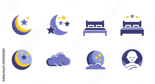 A collection of sleep-related icons featuring moons, stars, beds, clouds, and a sleeping person, in a soothing purple and yellow color palette.