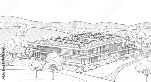 Detailed architectural sketch of a modern sustainable building with solar panels and green roof in a natural landscape.