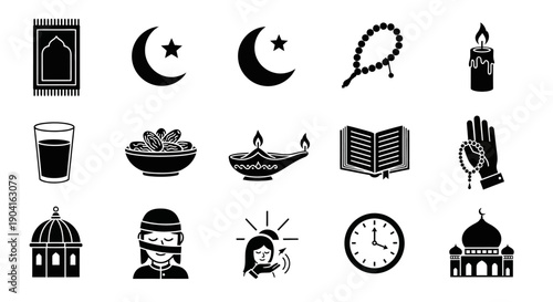 A collection of Islamic cultural and religious symbols, including prayer mats, crescents, stars, prayer beads, candles, dates, lamps, books, and mosques.
