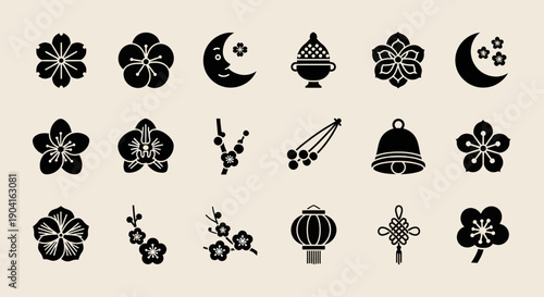 Collection of traditional Japanese and East Asian cultural icons featuring flowers, moon, bell, and lantern motifs.
