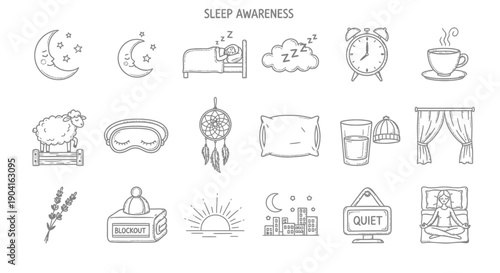 A collection of hand-drawn icons representing sleep and relaxation, including a crescent moon, stars, a sleeping person, a sheep, a dreamcatcher, a pillow, an alarm clock, and a cup of tea.