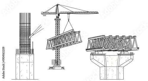 Detailed illustration of bridge construction stages, showing concrete pillar, crane lifting truss, and truss placement on support.