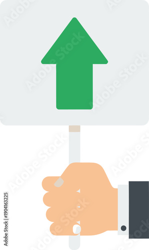 Hand holding a sign with a green arrow pointing upwards indicating direction or progress