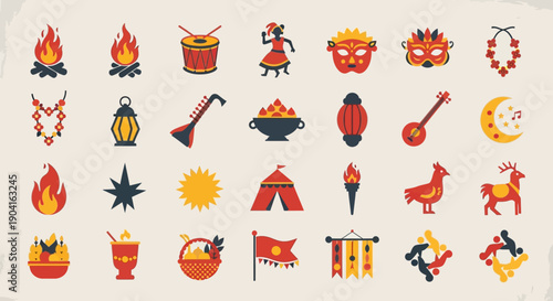 A vibrant collection of flat design icons representing cultural celebrations, traditional symbols, and festive elements.