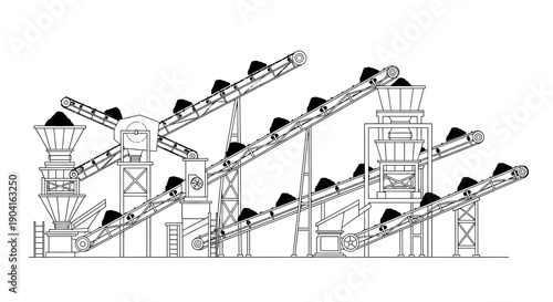 Detailed line drawing of an industrial material handling and processing plant with multiple conveyor belts and hoppers.