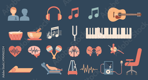 Collection of icons representing music therapy, mental health, and wellness practices, including instruments, brain imagery, and therapeutic equipment.