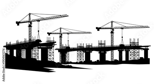 Silhouettes of multiple bridges under construction with large cranes, depicting infrastructure development.