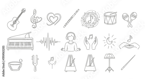 A collection of line art icons representing various musical instruments, symbols, and concepts related to music and sound.