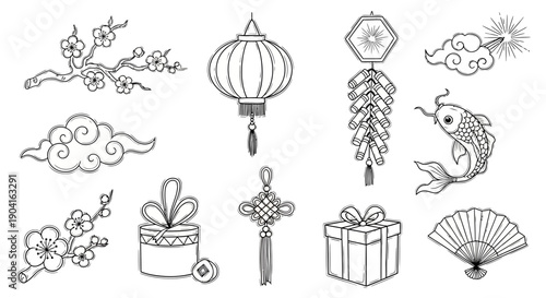 A collection of traditional Chinese New Year decorative elements, including lanterns, firecrackers, gift boxes, plum blossoms, clouds, a koi fish, a fan, and a coin.