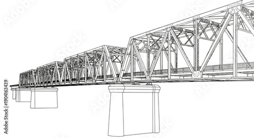A detailed wireframe illustration of a long metal truss bridge with multiple spans and supporting piers, viewed from a low angle.
